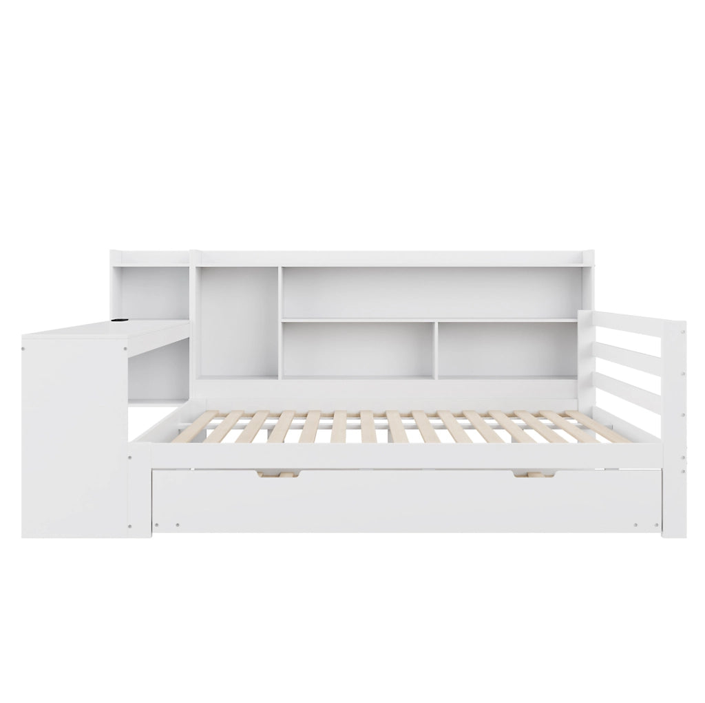 Sofa letto 140x200 cm con letto estraibile; ripiani e presa in legno bianco
