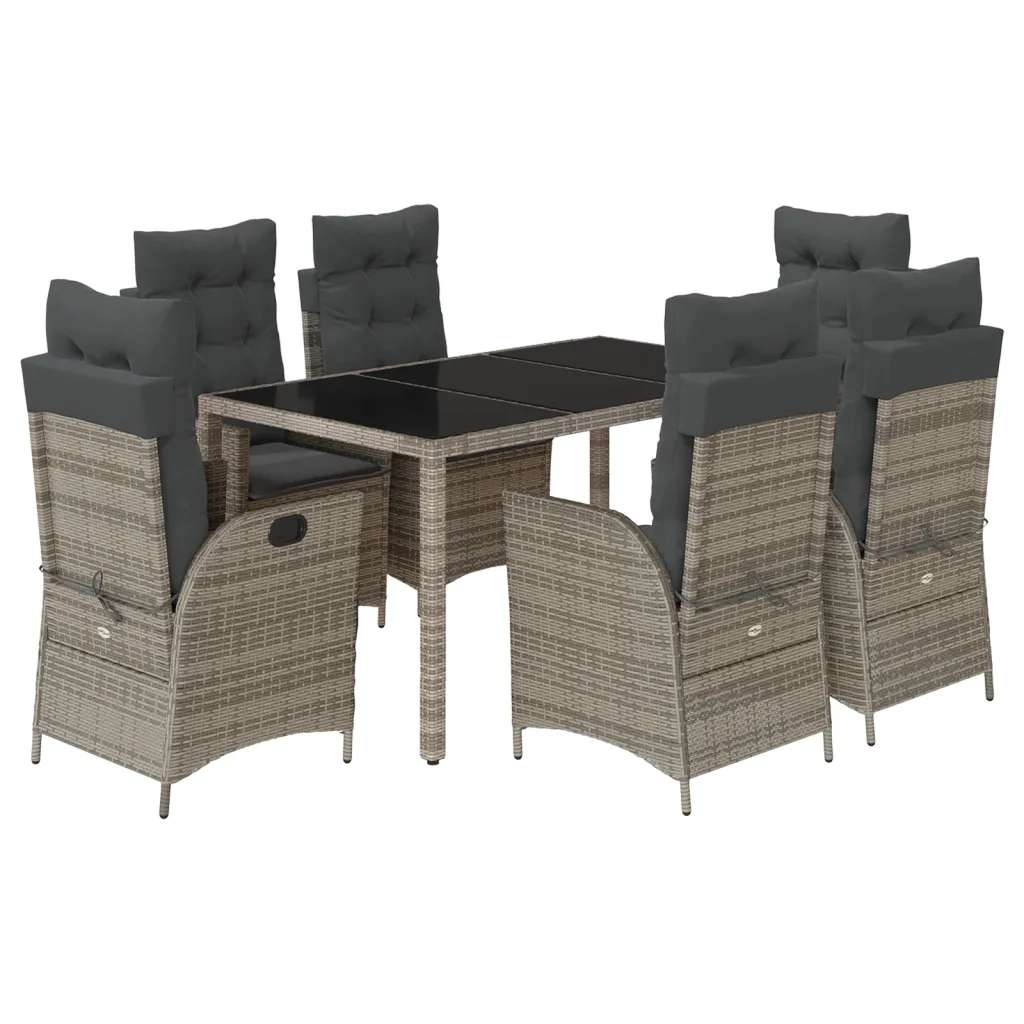 Set da Pranzo da Giardino 7 pz con Cuscini in Polyrattan Grigio