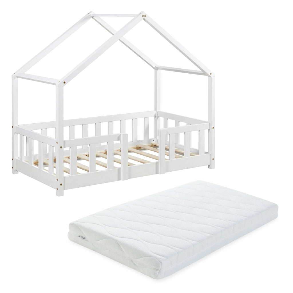 Letto per Cameretta Treviolo a Forma di Casetta in Stile Montessori con Materasso 70x140 cm - Bianco [en.casa]