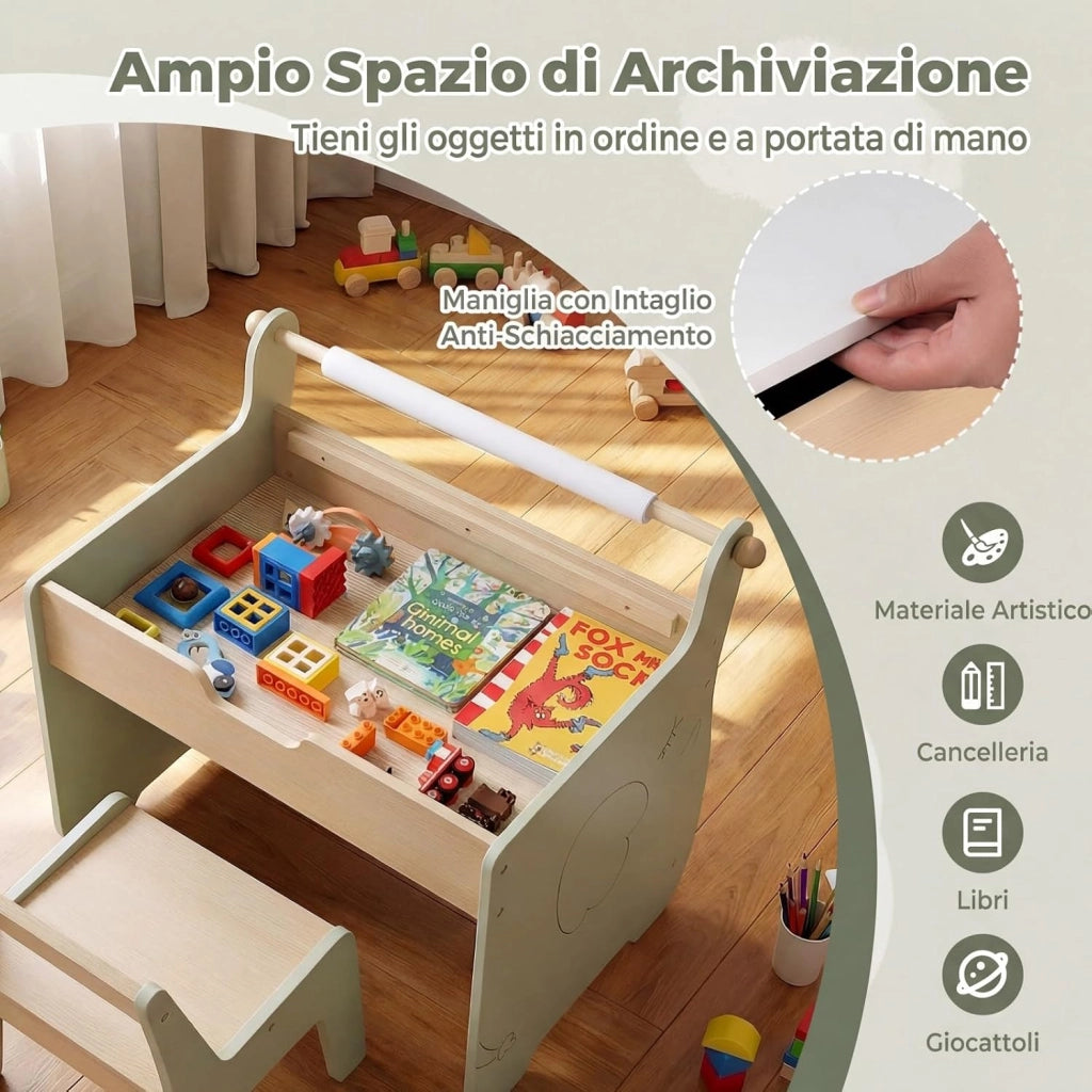 Set Tavolo e Sedia per Bambini 4 in 1, Set con Scrivania e Sedia in Legno per Bambini con Lavagna Reversibile, Rotolo di Carta e Contenitore Nascosto per Aula e Cameretta (Verde)