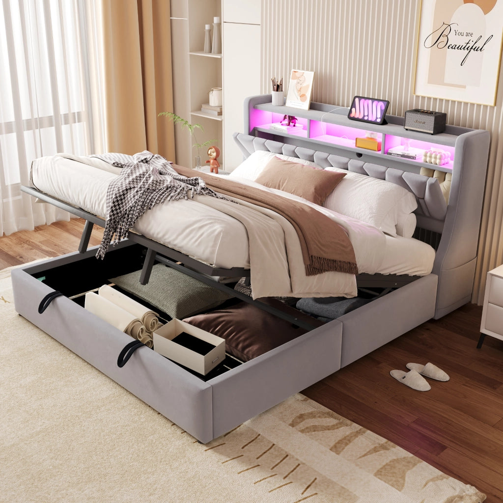 Letto matrimoniale contenitore 180x200 cm con testiera ribaltabile; prese; LED e piedi maggiorati; velluto grigio chiaro