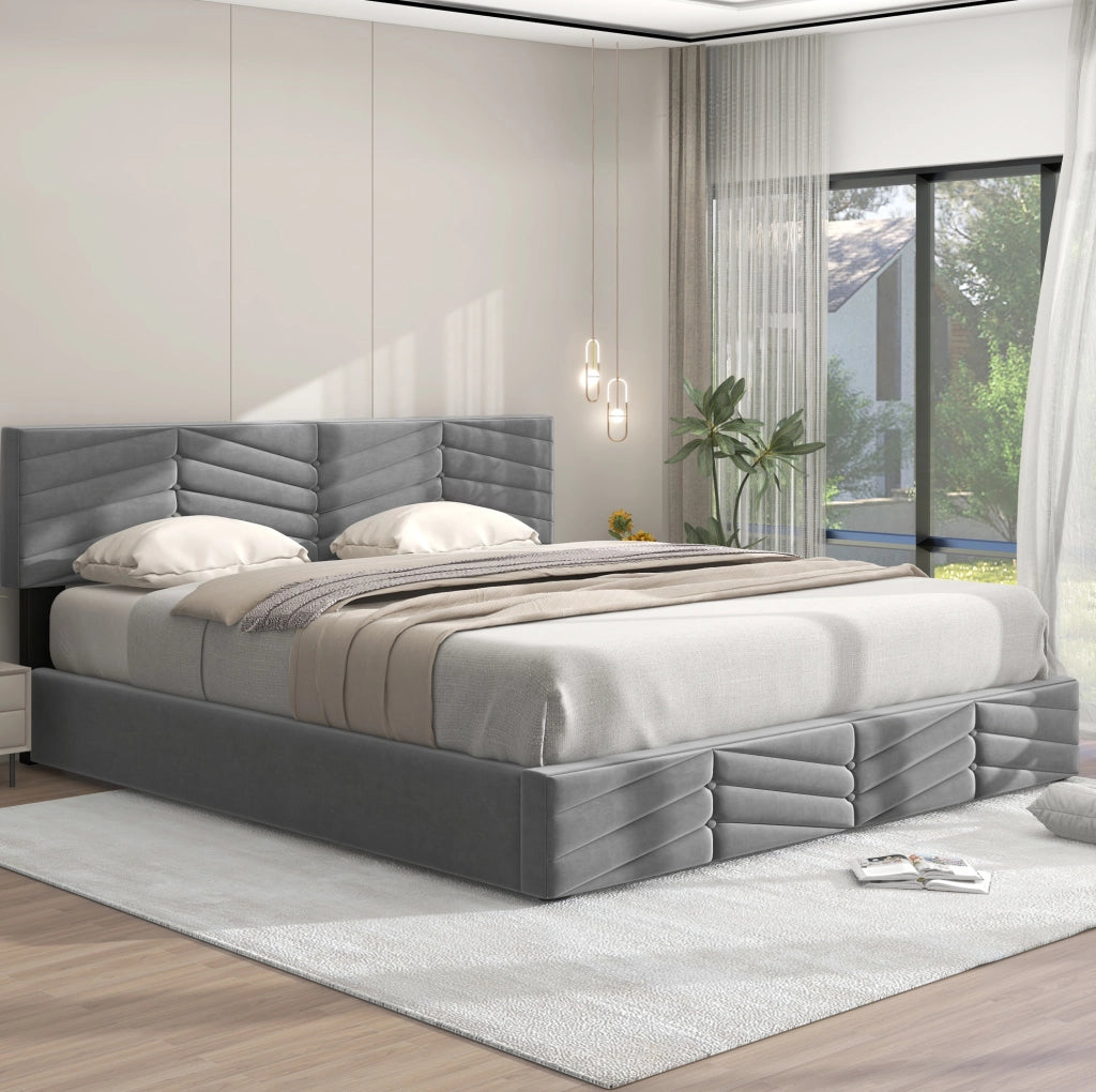 Letto imbottito matrimoniale 180x200 cm in velluto grigio con testiera regolabile e contenitore