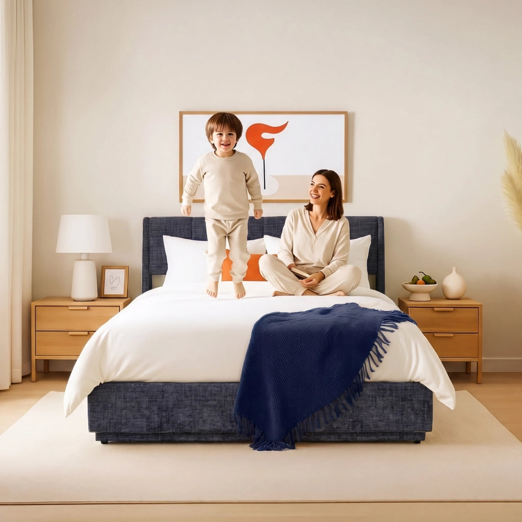 Letto Francese Contenitore Tröstiar con Apertura a Ribalta e Luce LED 140x200 cm - Effetto Lino Blu [en.casa]