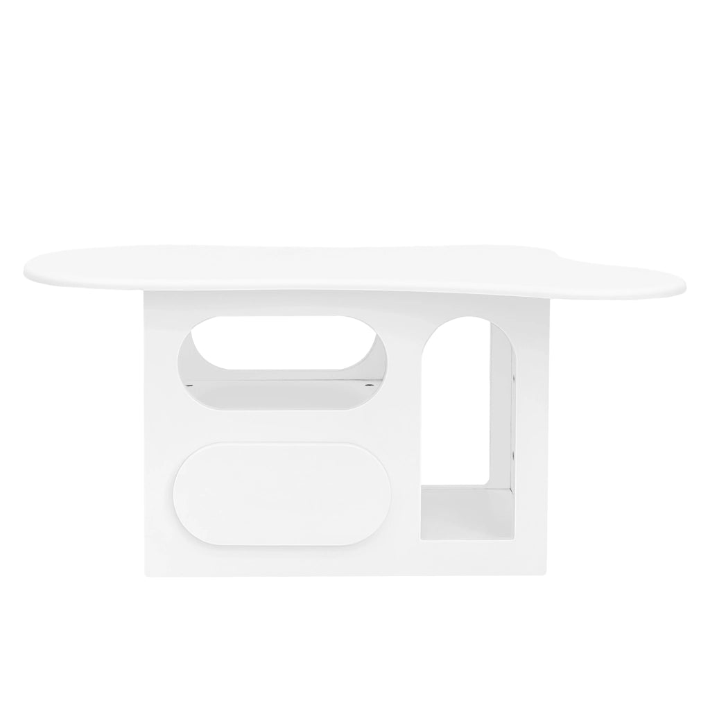 Tavolino da caffè 97x45x43;5 cm; forma a nuvola con cassetti e vani aperti; truciolare bianco