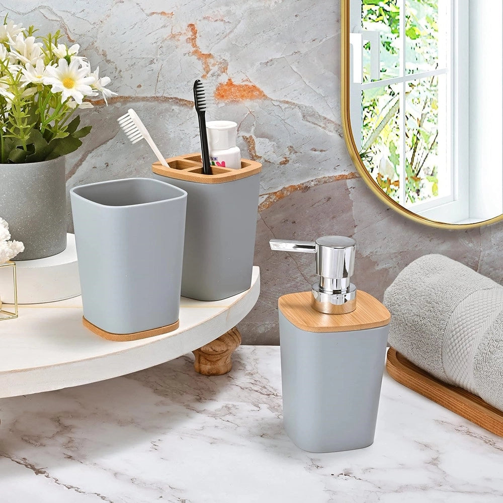 Trade Shop - Set Accessori Bagno In Bambù 6 Pz Moderno Bidone Spazzatura Portasapone Dispenser - Grigio