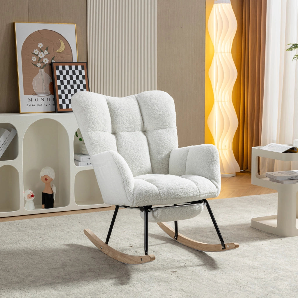 OKWISH Poltrona a Dondolo con Poggiapiedi Pieghevole, Schienale Alto Ergonomico e Braccioli Imbottiti, Teddy, Bianco