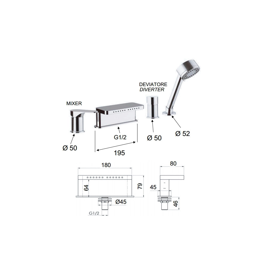 Miscelatore bordo vasca con deviatore, bocca multigetto e doccetta - serie class line