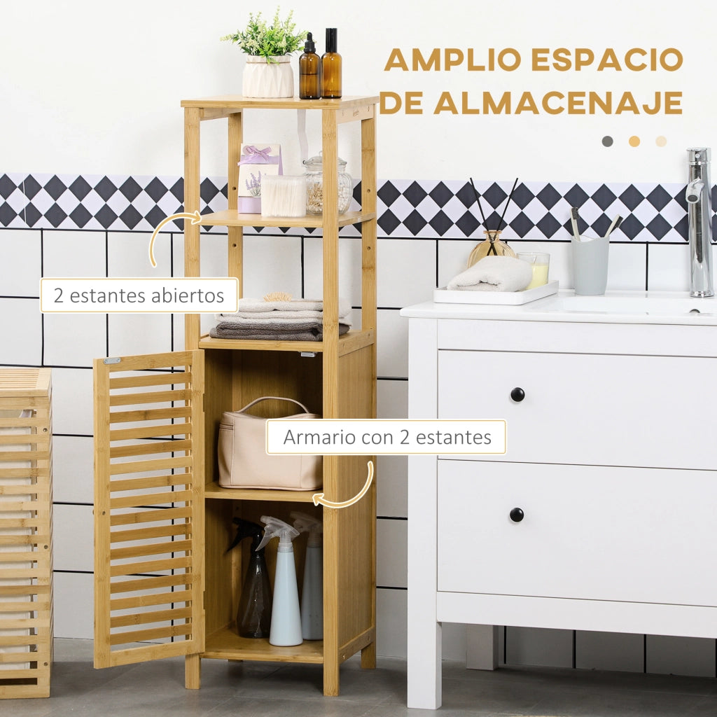 Mobile Bagno in Bamb¨´ con 2 Ripiani e Anta a Griglia ¨C Zephmum ¨C 32.9x29.9x120 cm Natural