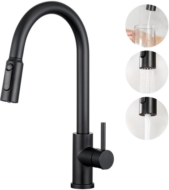 3 viei rubinetto da cucina con spruzzatore retrattile, 360° girevole 3 viei rubinetto da cucina, rubinetto da cucina a 3 vie, rubinetto a 3 vie, materiale: acciaio inox, colore: nero