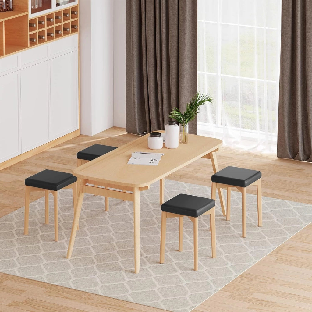 Sedie per Sala da Pranzo, Sgabelli in Legno Massiccio con Seduta Imbottita e Rivestita in PU, Sgabelli da Cucina Moderno Salvaspazio, 32,5x32,5x47cm, Colore Legno e Nero BH345sz-6