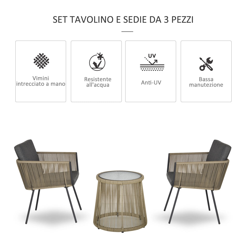 Set Poltroncine con Tavolino da Esterno ¨C Xylo ¨C Rattan PE Grigio Cachi Stile Boho