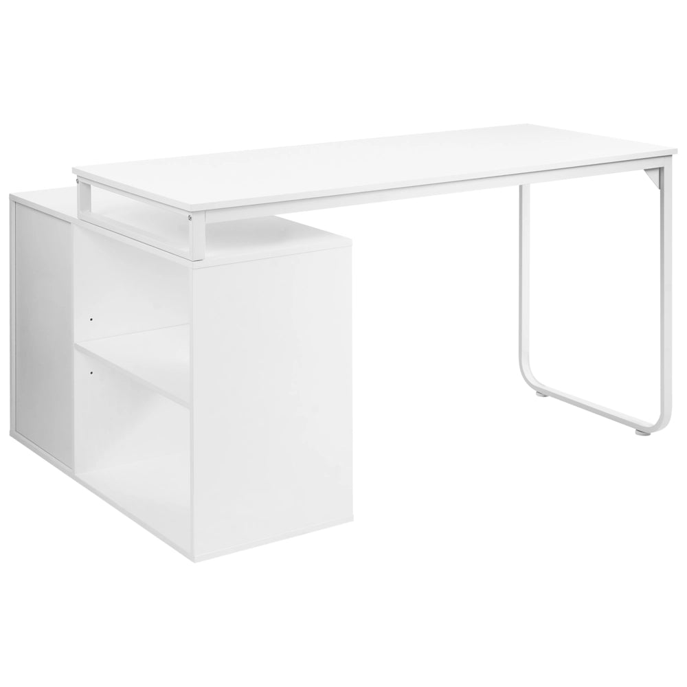 Scrivania da ufficio domestico angolare con 2 ripiani e 3 cassetti Pannello truciolare Gambe in ferro 140 x 100 cm Bianco