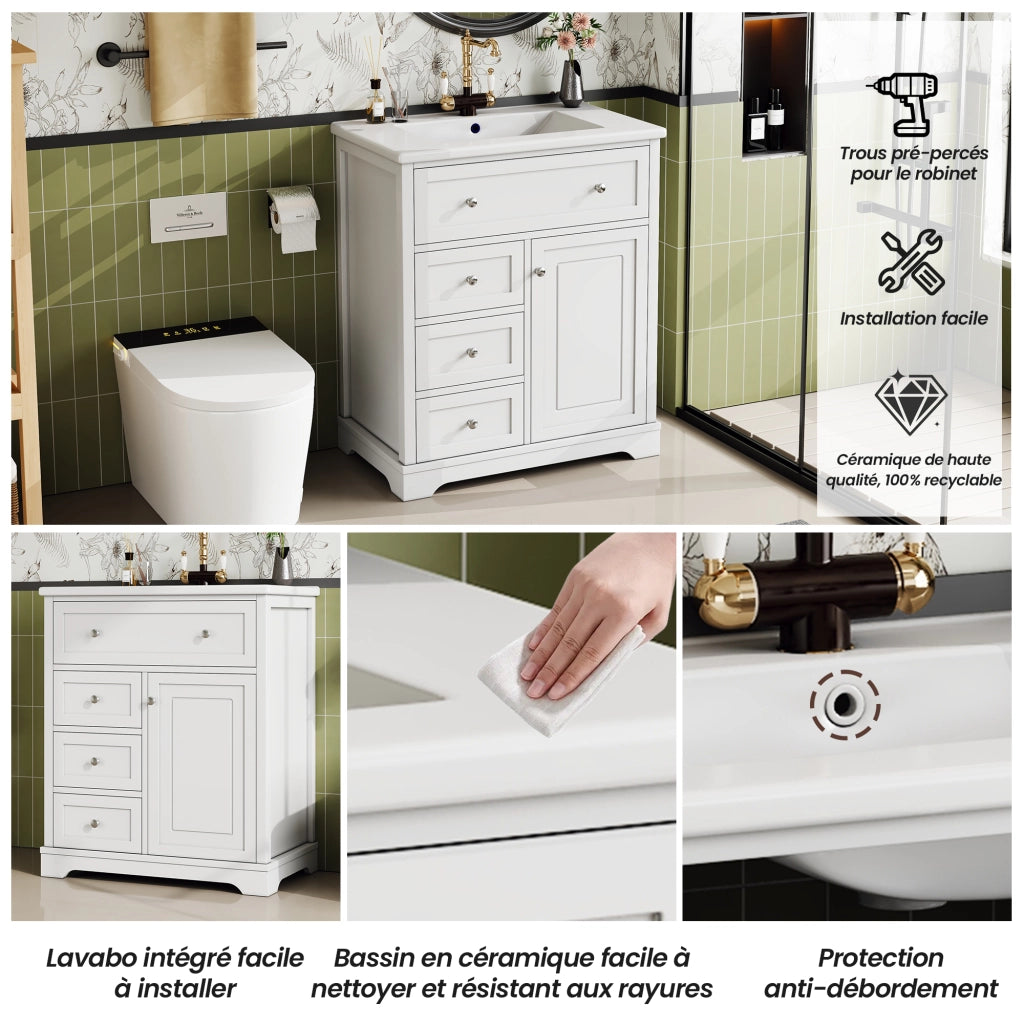 Mobile sottolavabo con lavabo in ceramica, 1 anta e 4 cassetti, finitura laccata, per bagno, bianco, 76 × 46 × 87 cm