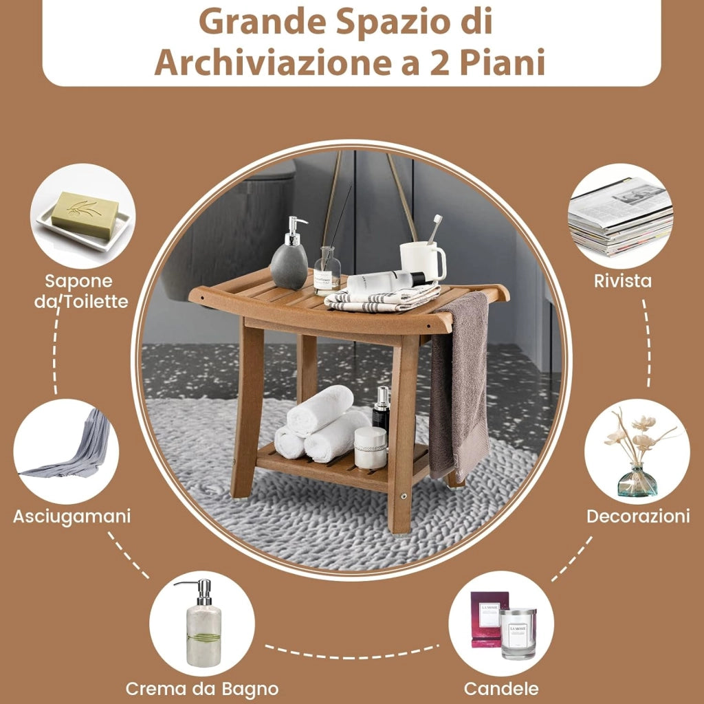 Sgabello da Doccia, Sgabello da Bagno Impermeabile con Sedile Curvo, con Portasciugamani e Piedini Antiscivoli, Panca Versatile con Ripiano, 60,5 x 34 x 48 cm (Marrone)