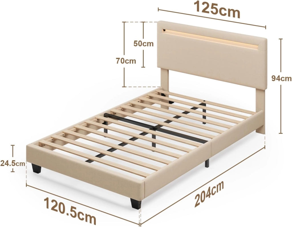 Letto imbottito 120x200cm con luce LED, Letto a piattaforma imbottito, Struttura in ferro, Testiera imbottita, Bse robusta, Adatto per camere degli ospiti (Beige)