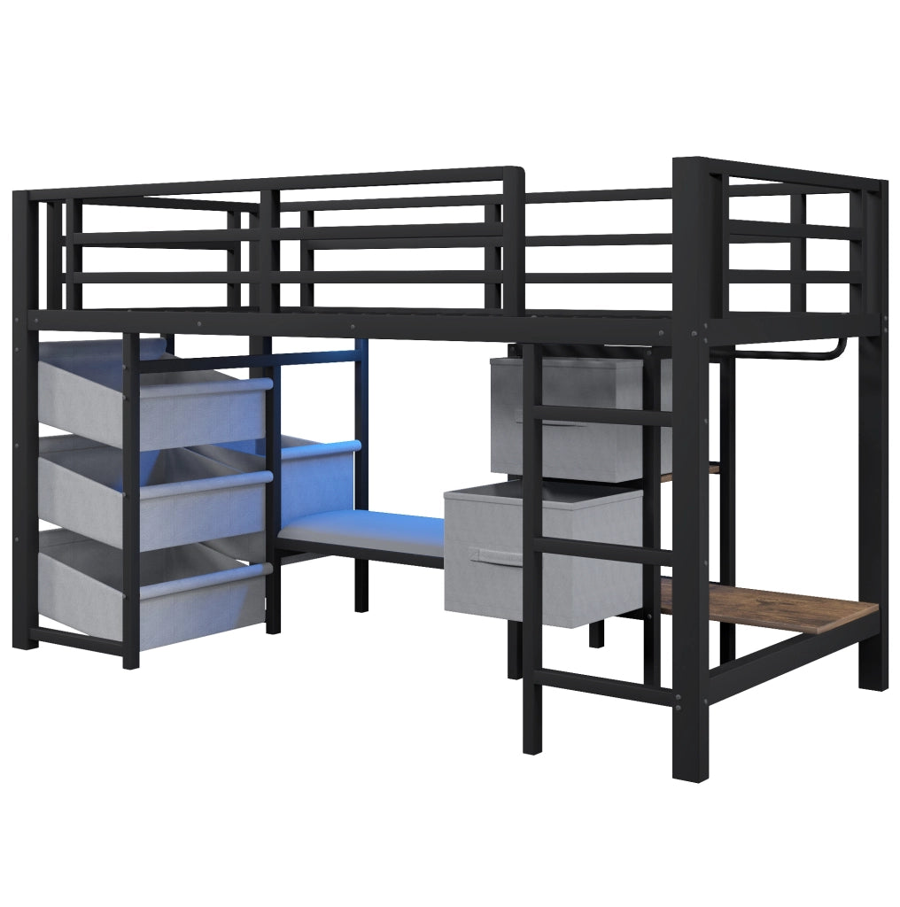 Letto a mezza altezza 90x200 cm con LED; cuscino seduta e contenitori in metallo