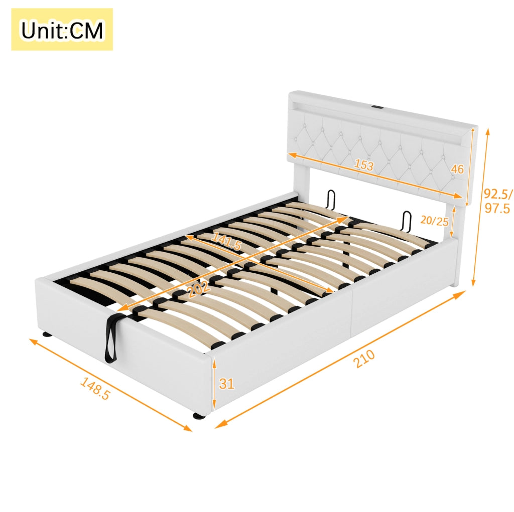 Letto imbottito ULEVR 140x200 cm con contenitore idraulico, LED multicolore, prese USB e USB-C, lino bianco