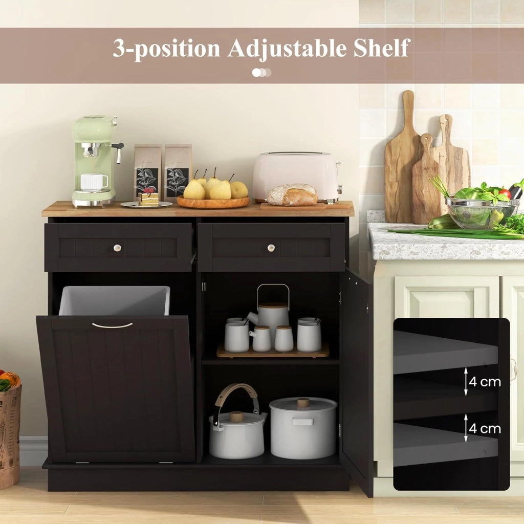Armadio per Rifiuti da Cucina con Apertura a Ribalta, Mobile per Biancheria Autonomo con Piano in Legno di Gomma, Supporto per Cestino Nascosto, Ripiano Regolabile (Marrone)
