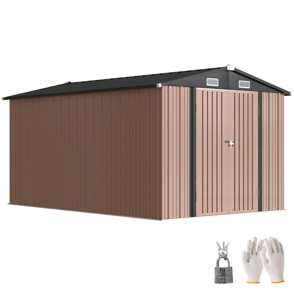Capanno da Giardino in Metallo 364 x 238 cm con 4 Prese d'Aria e Porte Doppie con Serratura, Marrone