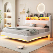 Letto imbottito 160x200 con LED, USB-C e vano contenitivo beige