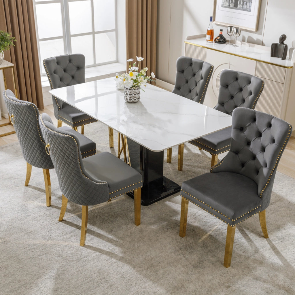 6 Sedie da Pranzo con Anello Rotondo sullo Schienale; Borchie Decorative e Piedini Regolabili; Velluto; Grigio