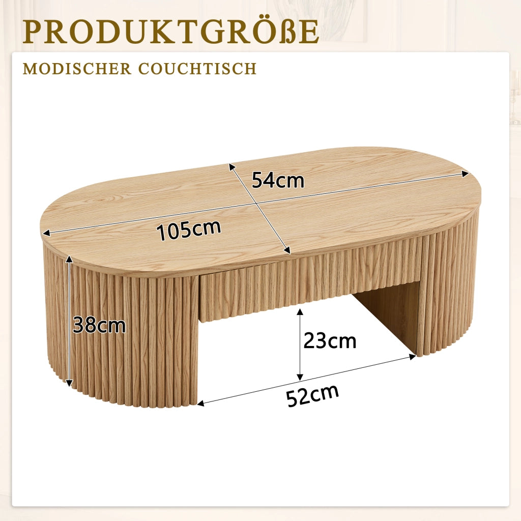Tavolino basso ovale con cassetto e vano aperto frontali zigrinati in MDF effetto rovere chiaro per soggiorno 118 × 65 × 17 cm