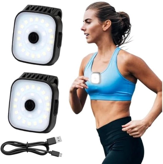 Lampada LED a doppio clip, clip per esterno, ricaricabile via USB, lampada da corsa impermeabile, piccola lampada da testa, lampada pettorale, accessorio da corsa, adatta per jogging, corridori, pescatori, campeggiatori e escursionisti.
