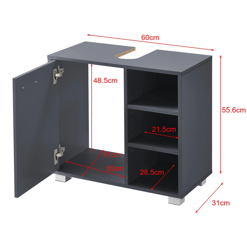 Mobiletto sottolavabo di design mobiletto portaoggetti per il bagno con 3 ripiani pannello di particelle rivestito in melaminico 56 x 60 x 31 cm grigio 03_0005858