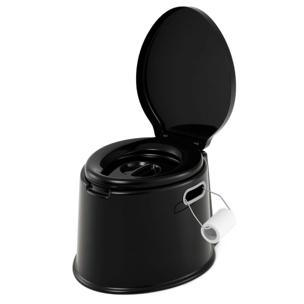 Toilette da viaggio portatile per esterni leggera con secchio interno rimovibile, Supporto per carta igienica rimovibile Nero