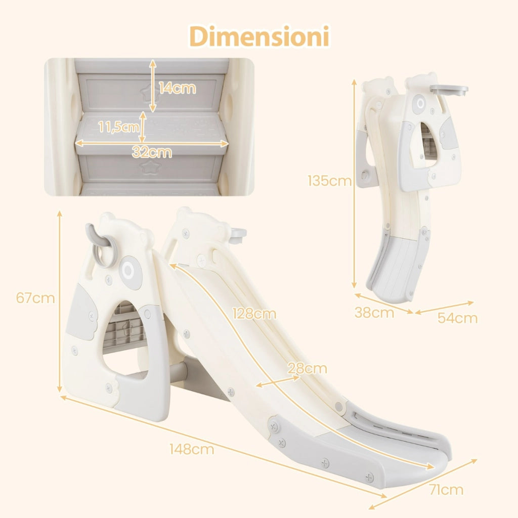 Scivolo pieghevole per bambini con canestro da basket e pallone, Parco giochi per interni ed esterni per bambini Grigio-Arrampicate e scivoli