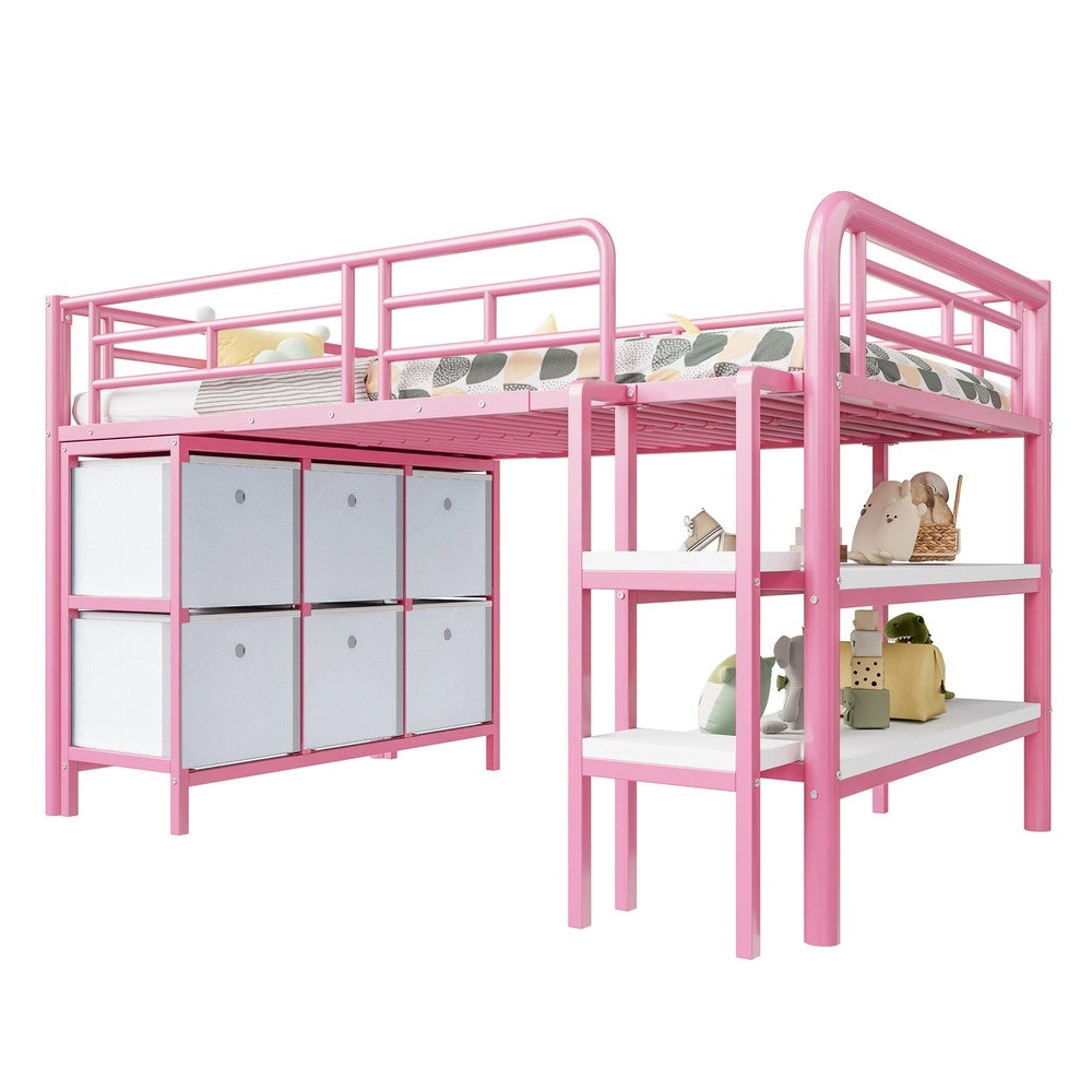 Letto a Soppalco per Bambini con Cassetti e Ripiani ¨C MINIMAL ¨C Metallo Rosa 90x200