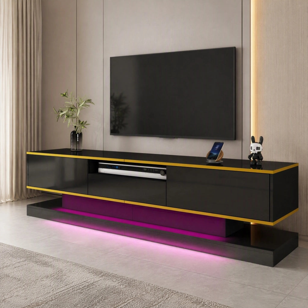 Mobile TV moderno con 3 cassetti; vano aperto e LED 180x38x45 cm nero e oro