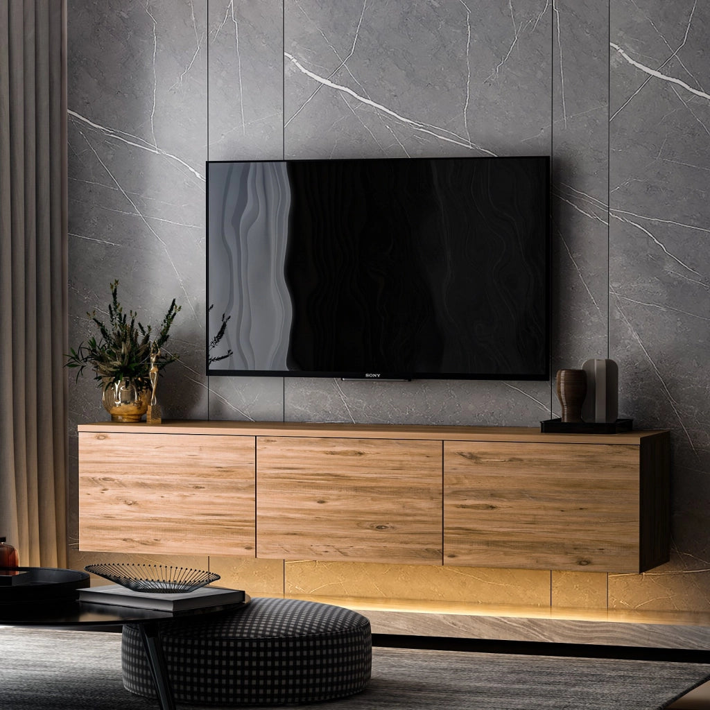 Porta TV in legno sospeso "illuminato al neon" con illuminazione a LED - 160 x 32 x 35 cm - Marrone