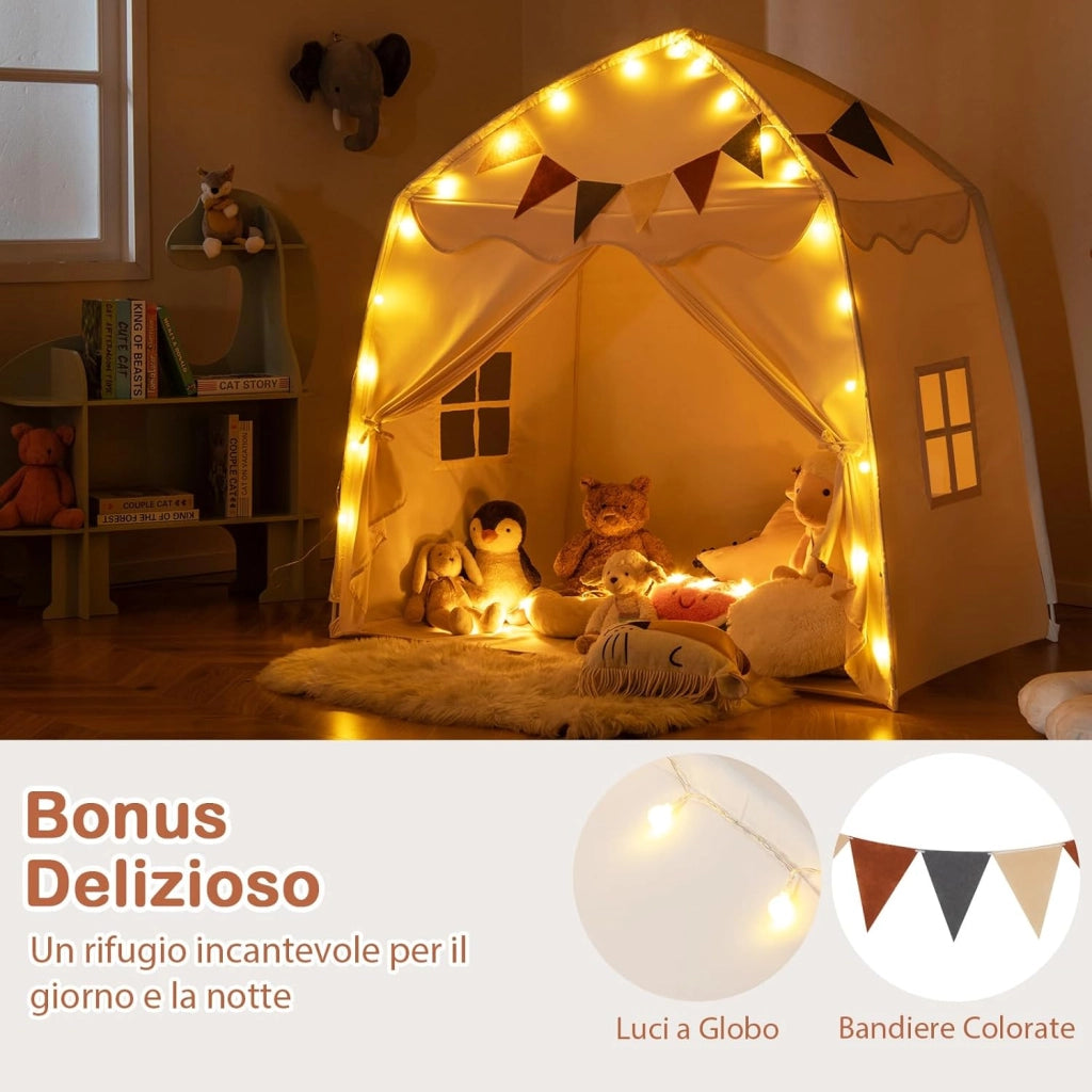 Tenda per Bambini con Luci Fatate e Bandierine, Tenda Casetta da Gioco con 2 Finestre, Tenda Gioco Castello Portatile per Interni ed Esterni, 157 x 98 x 148 cm (Beige)