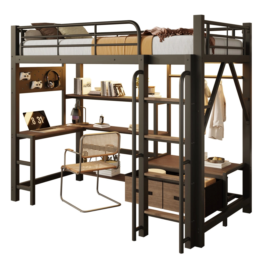 Letto a soppalco 90x200 cm con scrivania; ripiani; LED e USB; nero