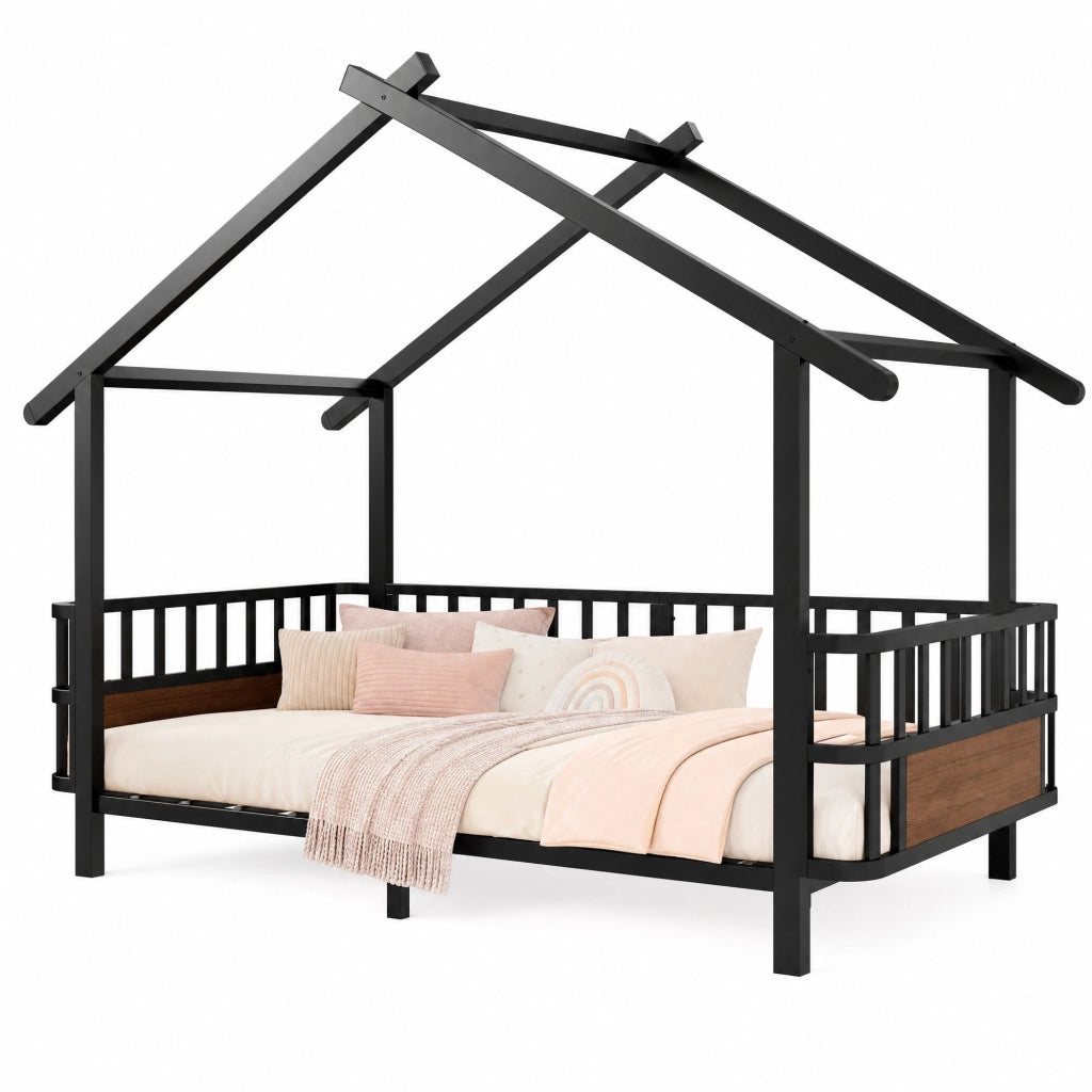 Letto Casetta per Bambini 90x200 cm; con Sponde di Sicurezza e Struttura in Metallo