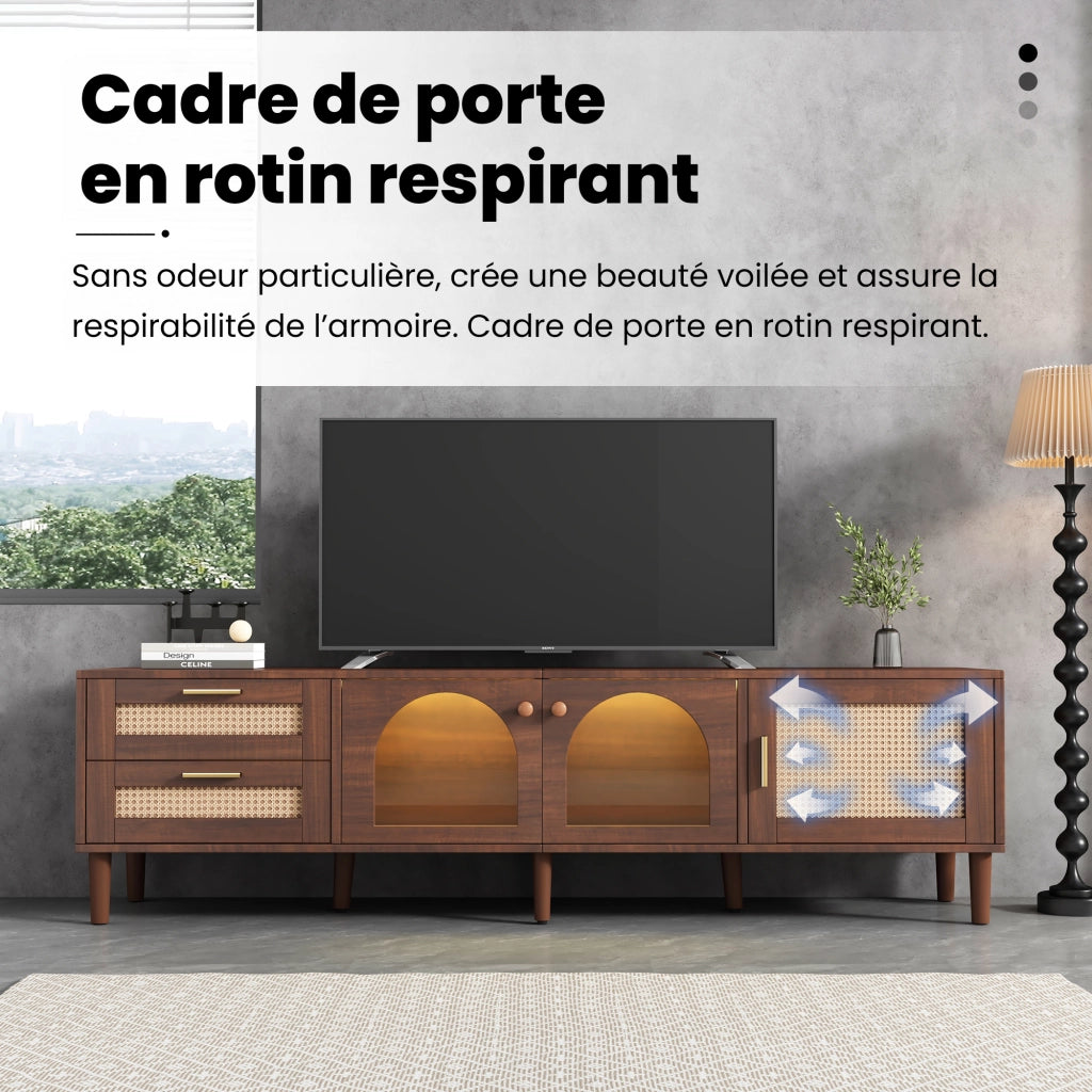 Mobile TV con 3 Ante; 2 Cassetti in Rattan e LED; Ante in Vetro; Stile Naturale; 180¡Á40¡Á50 cm; in Truciolare; Marrone