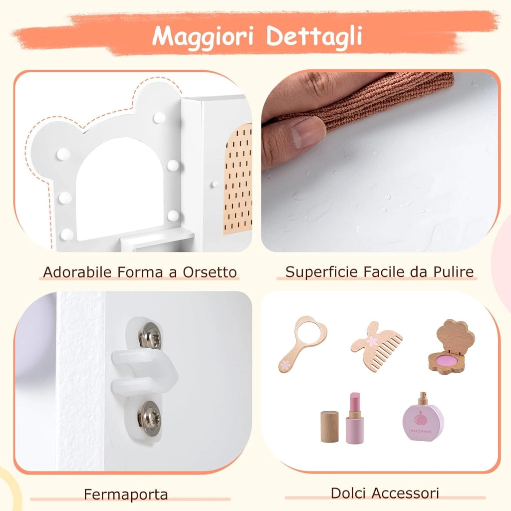 Toeletta per Bambine 3+ Anni, Set Tavolo e Sedia con Luci da Principessa con 5 Cassetti e 2 Scomparti, Armadietto con Porta e Scaffale Aperto, Ideale per Cameretta Bambina (Bianco)