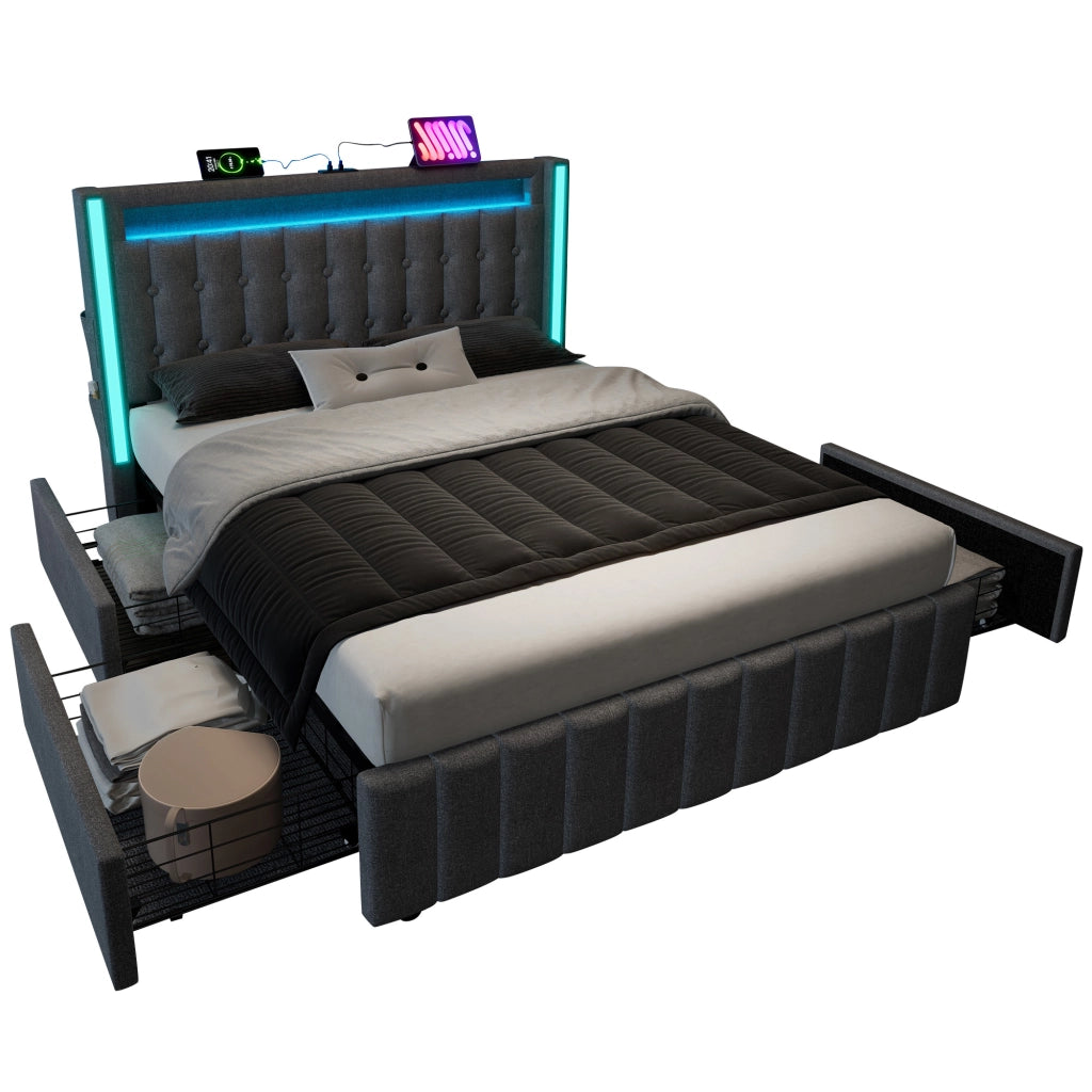 OKWISH Letto con Cassetti 160×200 cm, Letto Matrimoniale con USB, Tipo C, LED Regolabile e 4 Cassetti, senza Materasso, in Tessuto Grigio