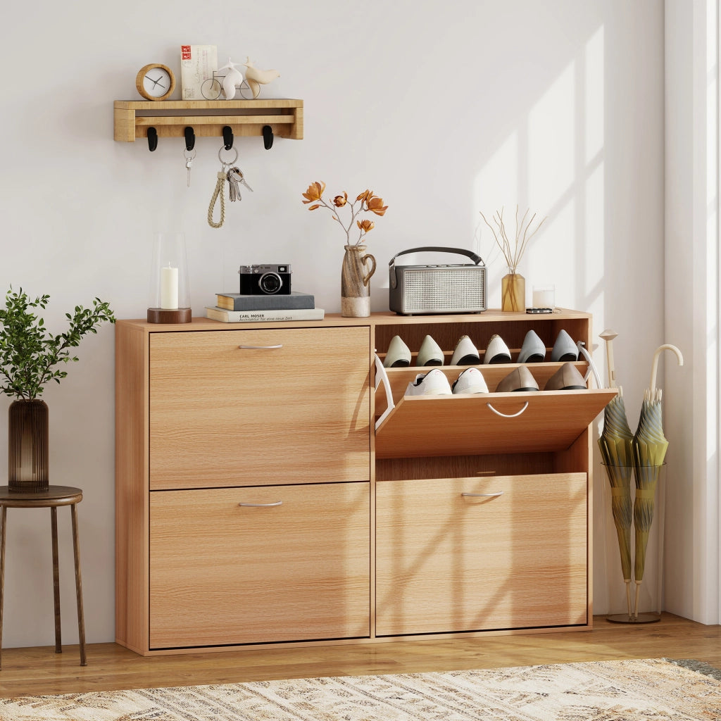 Scarpiera salvaspazio con 4 ante ¨C Xylo ¨C 16-24 paia, legno naturale, 120x24x81 cm