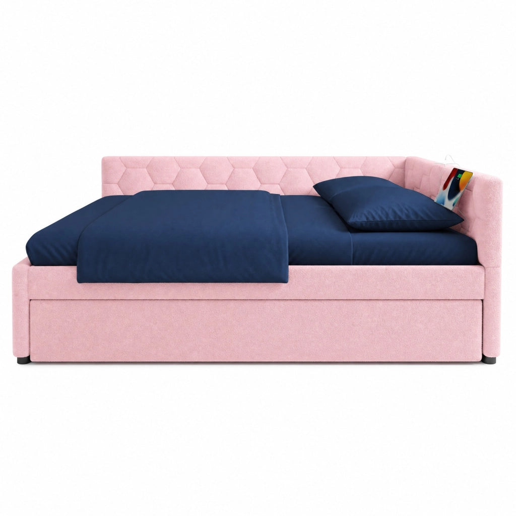 Daybed 140x200 cm con rete, divano letto estraibile multifunzione, luce da comodino, USB e Type-C, rosa