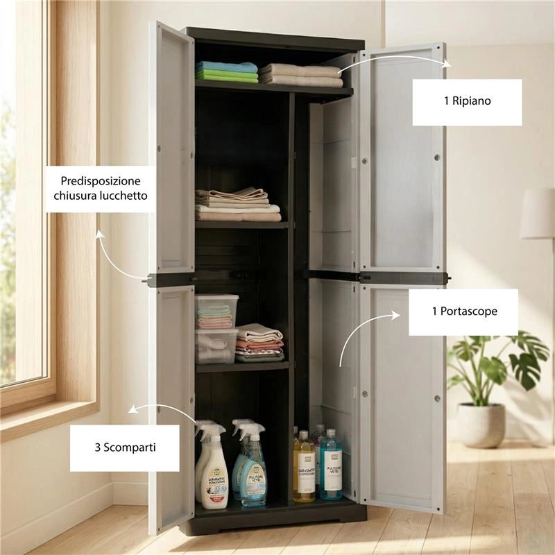 ARMADIO SLIM PERSIANA IN RESINA CON PORTASCOPE, RIPIANI E PREDISPOSIZIONE LUCCHETTO - COLORE GRIGIO DIMENSIONE 65X45X178H CM