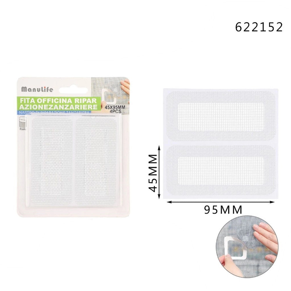 Trade Shop - Set 4 Toppe Adesive A Rete Bianca Per Riparazione Fori Strappi Zanzariere 45x95mm 622152 -