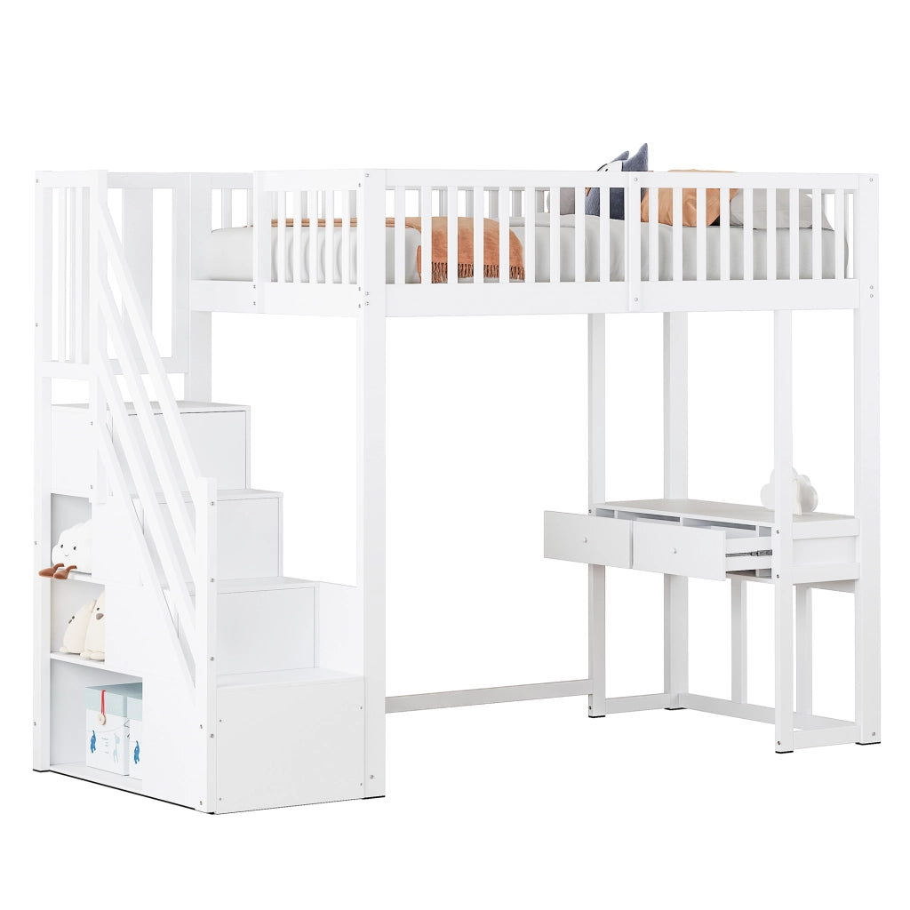 Letto a soppalco 90 x 200 cm; singolo con scala contenitore e scrivania; senza materasso; Bianco