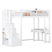 Letto a soppalco 90 x 200 cm; singolo con scala contenitore e scrivania; senza materasso; Bianco