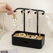 Organizzatore di gioielli composto da standard per catenina e standard per accessori con cassetta, con base di ripostiglio in legno, Organizzatore di gioielli compatto con 5 ganci, per catenine e bracciali, anelli e orecchini, in nero elegante