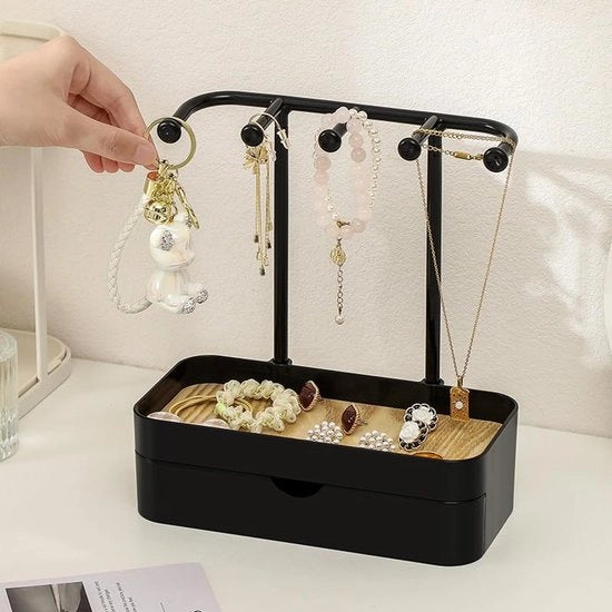 Organizzatore di gioielli composto da standard per catenina e standard per accessori con cassetta, con base di ripostiglio in legno, Organizzatore di gioielli compatto con 5 ganci, per catenine e bracciali, anelli e orecchini, in nero elegante
