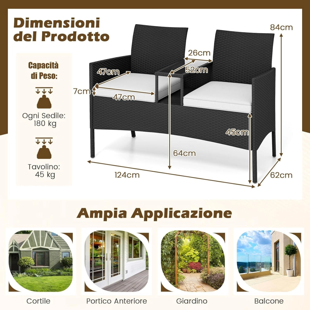 Panchina da Giardino in Rattan PE 62 x 124 x 84 cm, Divano da Esterno con Tavolino in Vetro Temperato e Cuscini Imbottiti, Poltrona con 2 Posti per Balcone, Piscina e Cortile (Bianco)