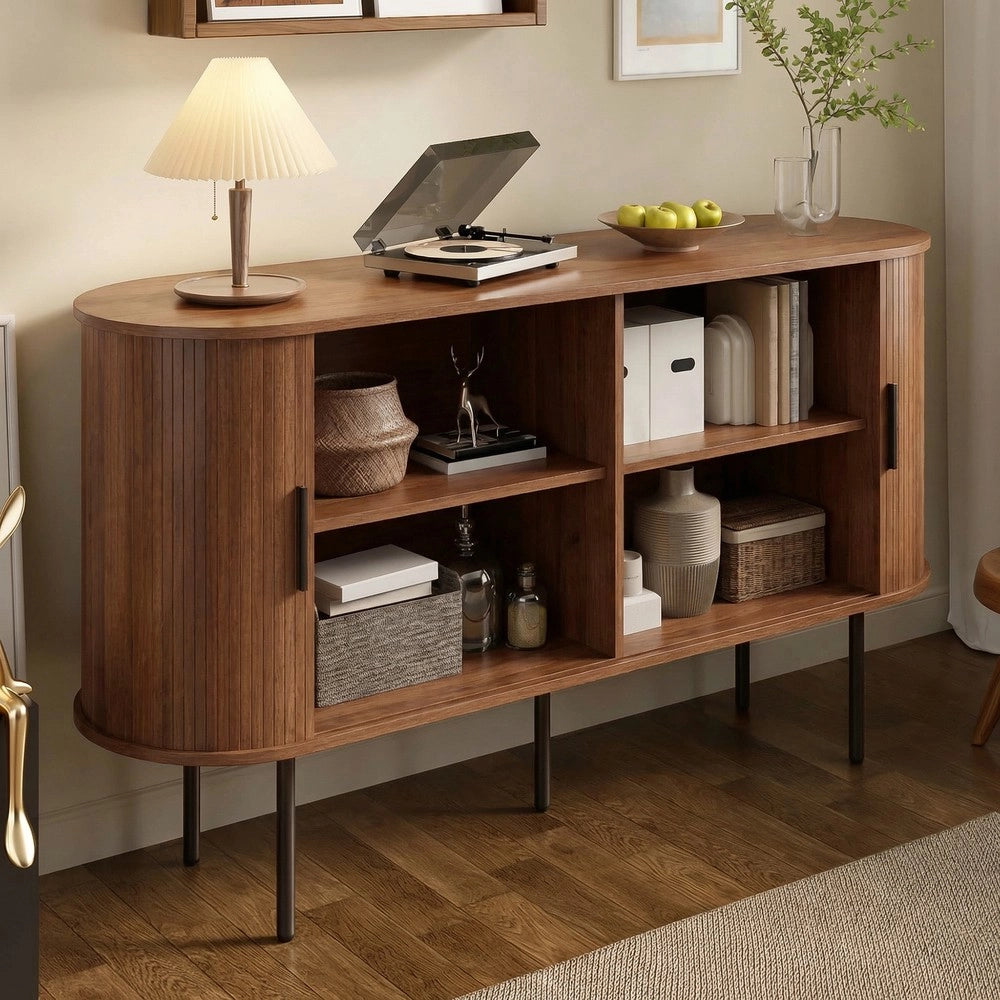 Credenza con Ante a Tapparella ¨C MINIMAL ¨C Legno MDF, Gambe in Metallo, Grigio