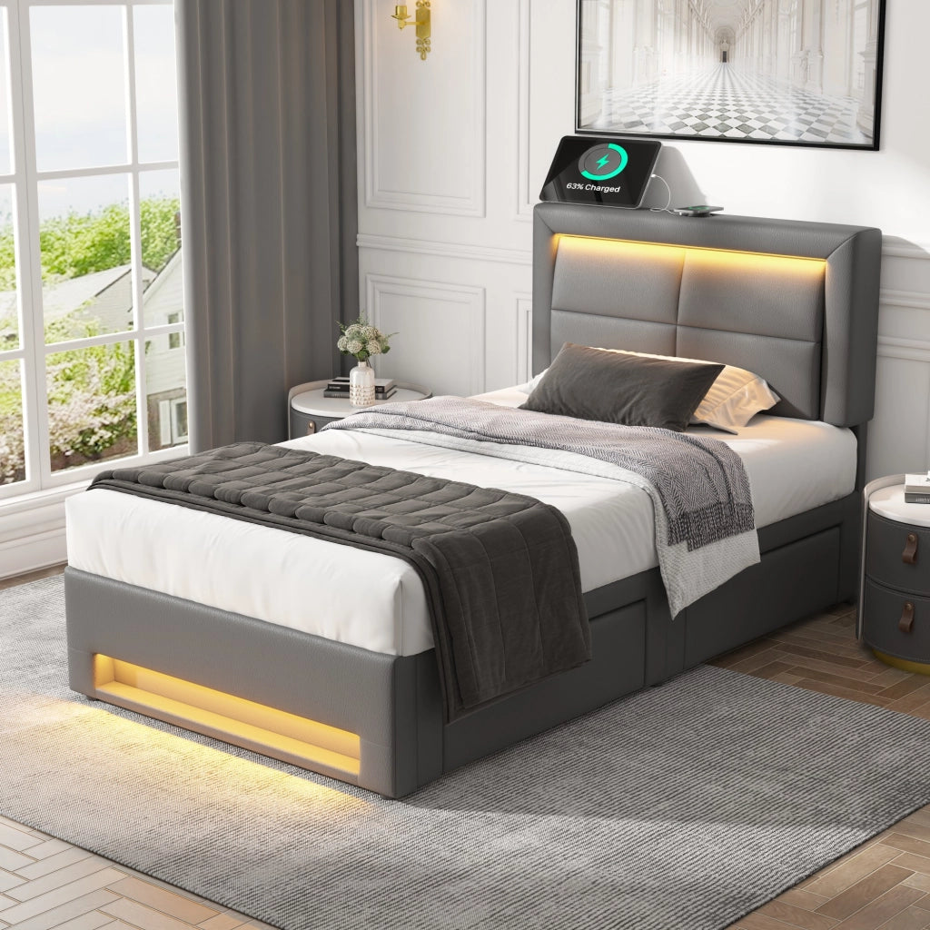 Letto imbottito 90x200 cm in PU grigio con USB, LED e 4 cassetti, senza materasso